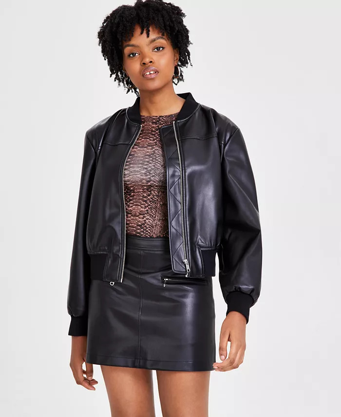 Women's Faux-Leather Zip-Front Bomber Jacket, Created for Macy's | Macy's