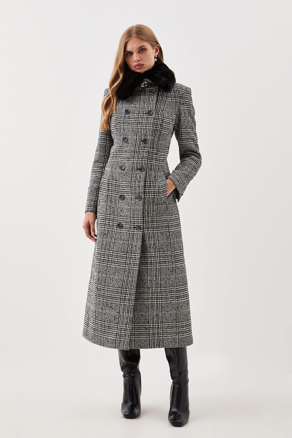 Lydia Millen Petite Tailored Check Faux Fur Collar Maxi Coat | Karen Millen UK + IE + DE + NL