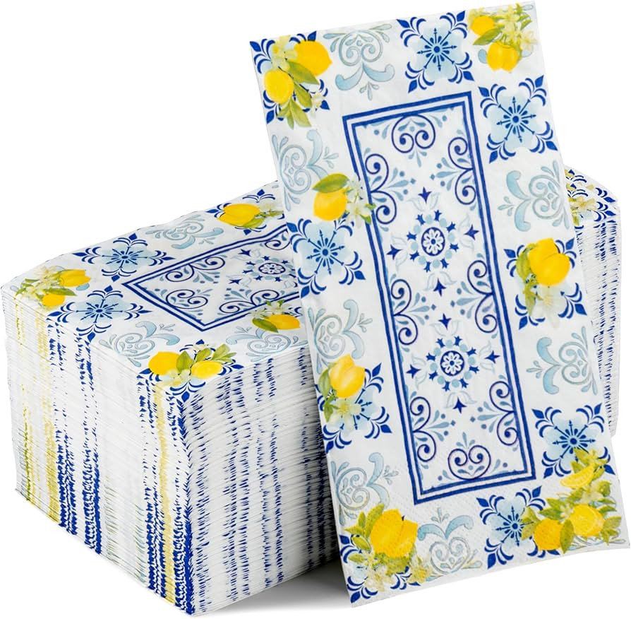 GROBRO7 100 Pcs Capri Lemons Napkins Cyan-Blue Tile Pattern Disposable Guest Towels 3 Ply Bathroo... | Amazon (US)