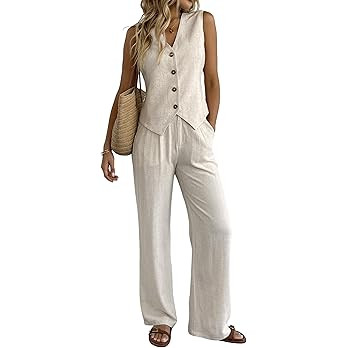 Women's 2 Piece Outfits Linen Vest Waistcoat Dressy Casual Sets Wide Leg Pants Suits | Amazon (US)