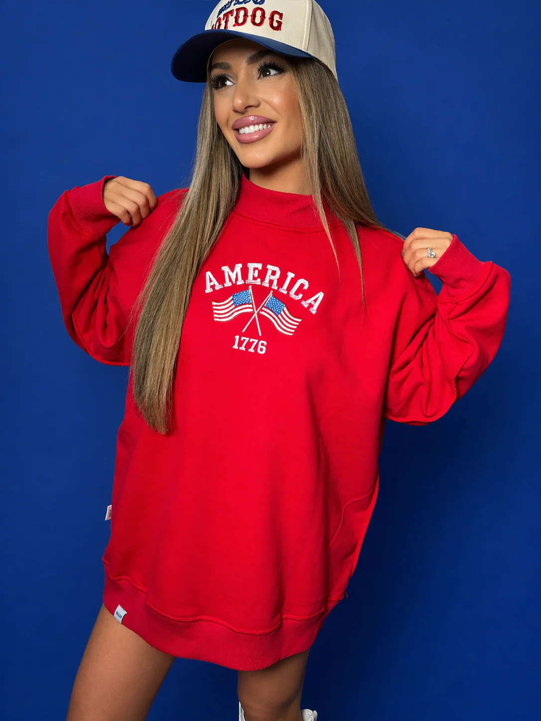 Tilly Star Spangled Embroidered Reversible Oversized Mockneck Crew | Willow Boutique