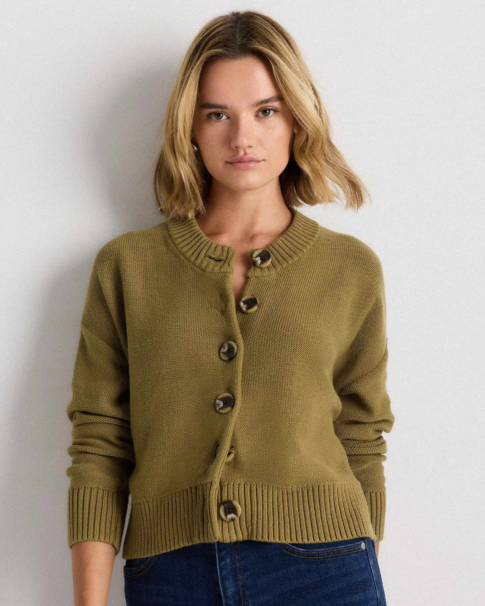 100% Organic Cotton Cropped Cardigan in Herb Green | Quince