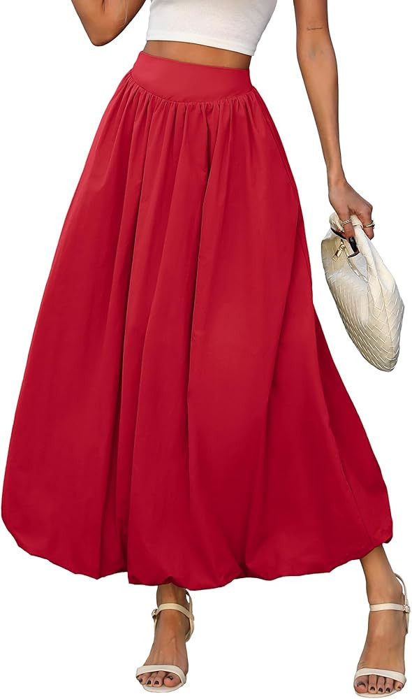ELLEVEN Women's Bubble Maxi Skirt, Elastic Waist Puffy Hem A-Line Skirt with Pockets | Amazon (US)
