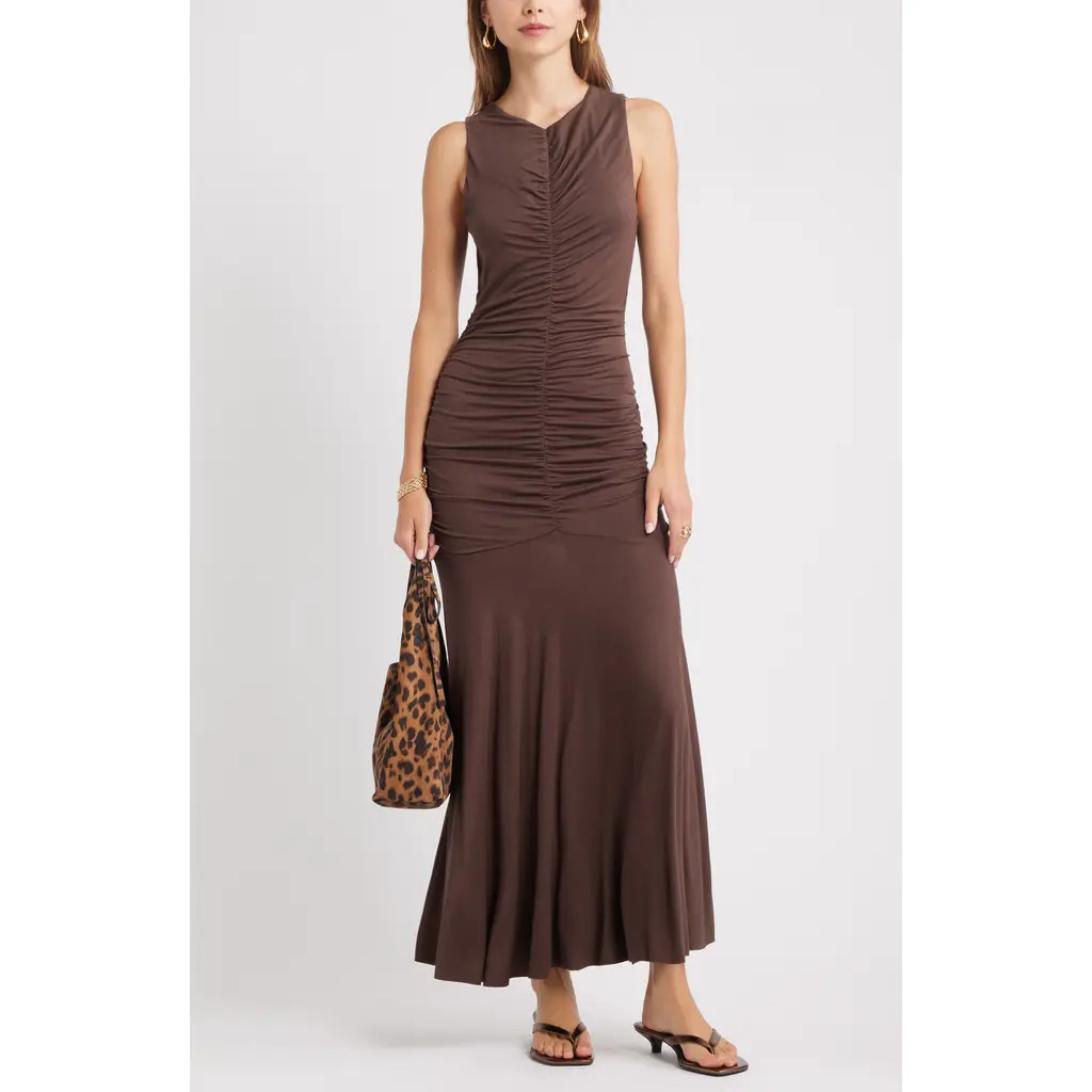 Open Edit Ruched Sleeveless Maxi Dress in Brown Seal at Nordstrom Rack, Size Large | Nordstrom Rack