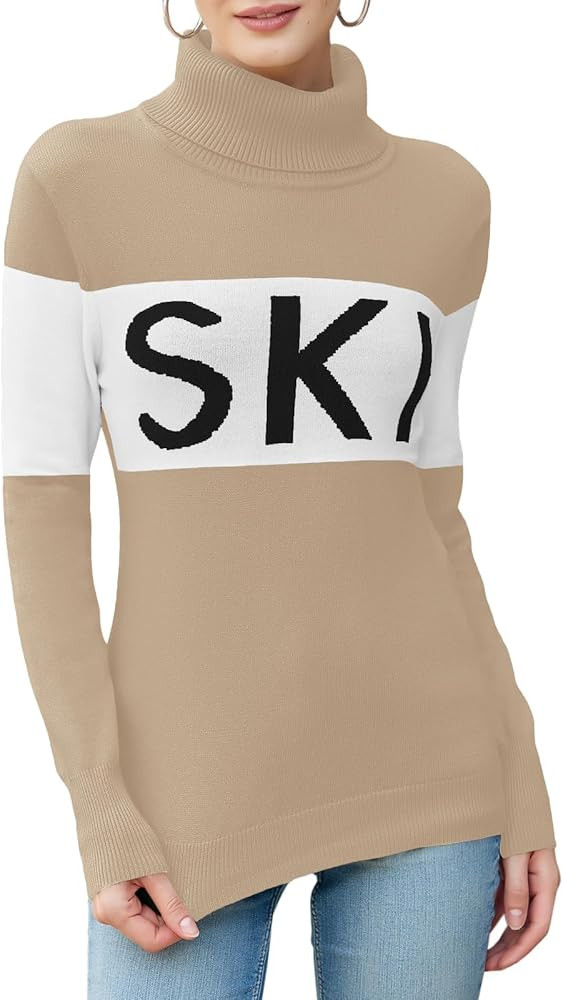 LCXWFE Womens Ski Sweaters Color Block Long Sleeve Turtleneck Pullover Sweater Trendy Knitwear To... | Amazon (US)