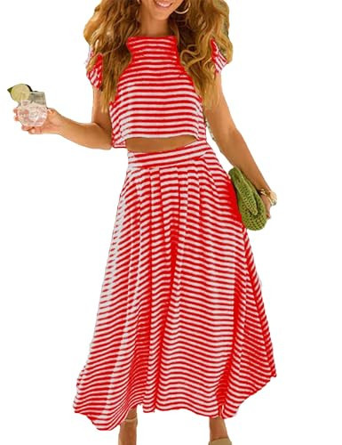 Zontroldy Women's Summer 2 Piece Outfits Striped Skirt Sets Cap Sleeve Crop Top Midi Dress Matching Travel Outfits(1535-Red-S) | Amazon (US)