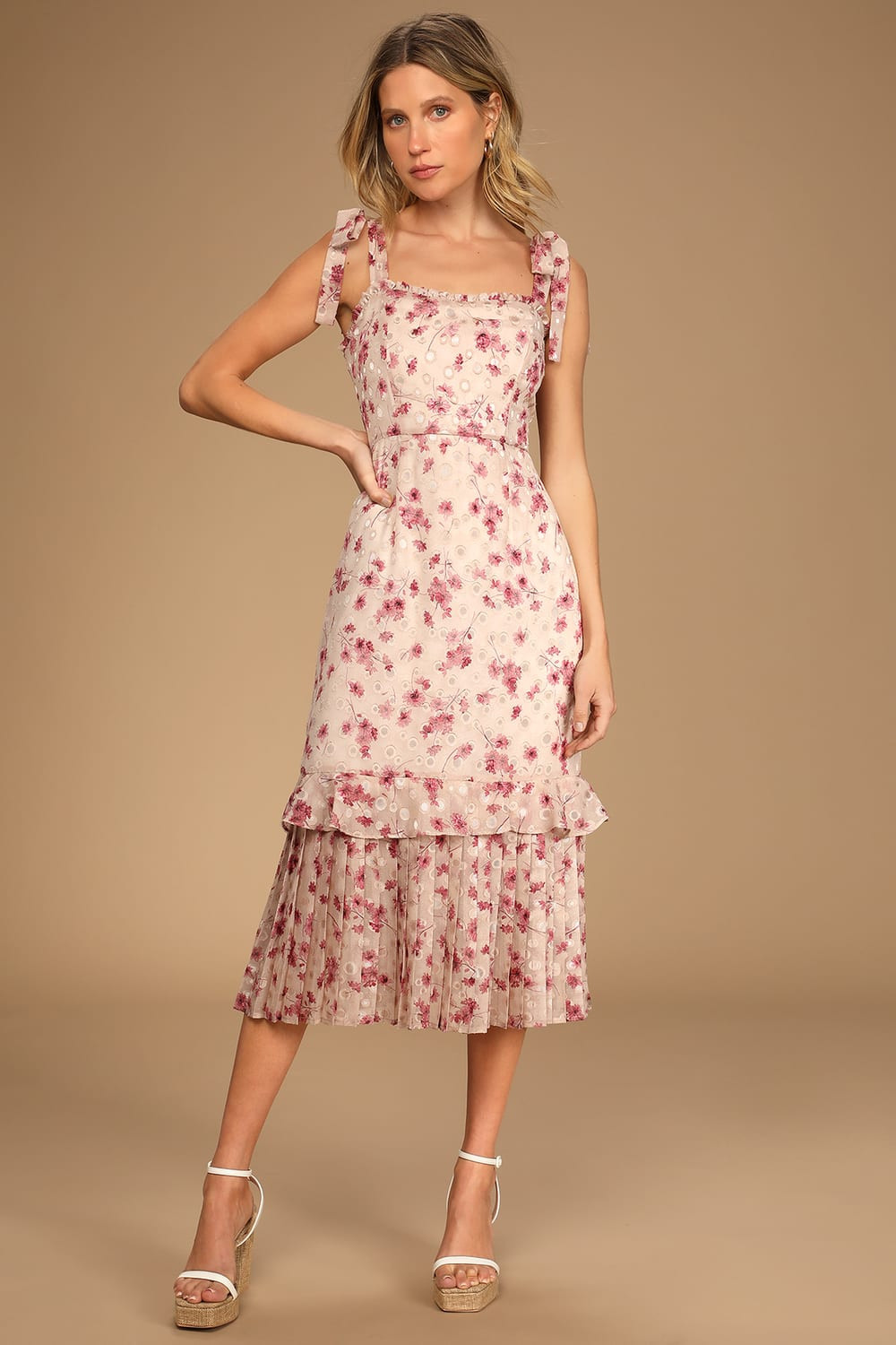 Terrace Views Taupe Floral Print Tiered Midi Dress | Lulus (US)