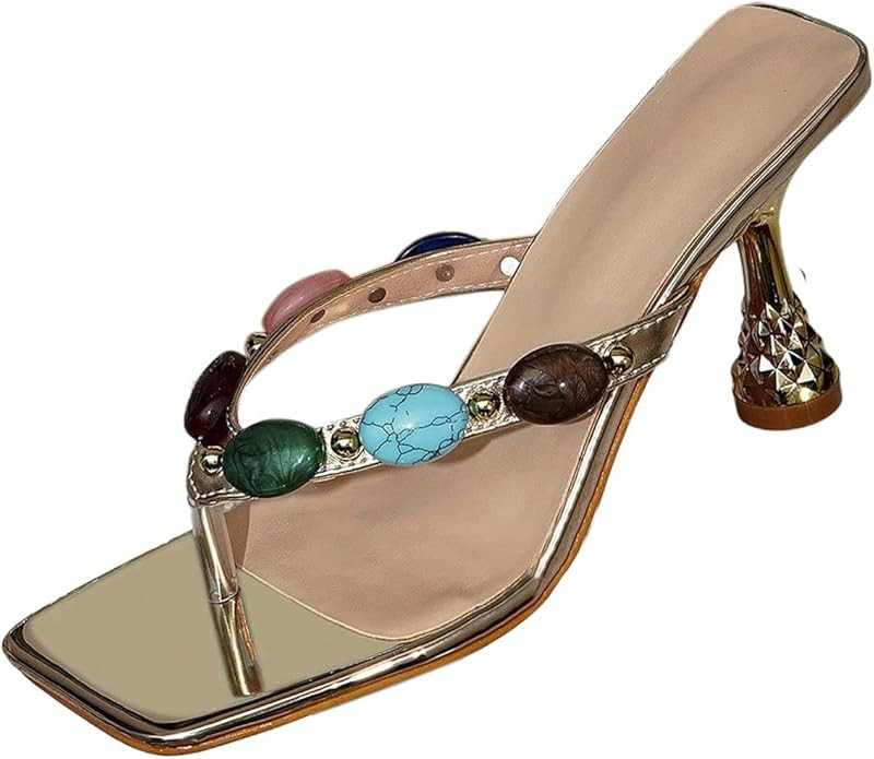 MakeMeChic Women's Gold Kitten Heels Summer Beach Thong Sandals Square Toe Jeweled Flip Flop | Amazon (US)