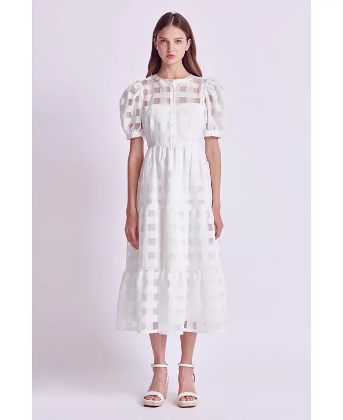 Women's Check Puff Sleeve Midi Dress | Macy's