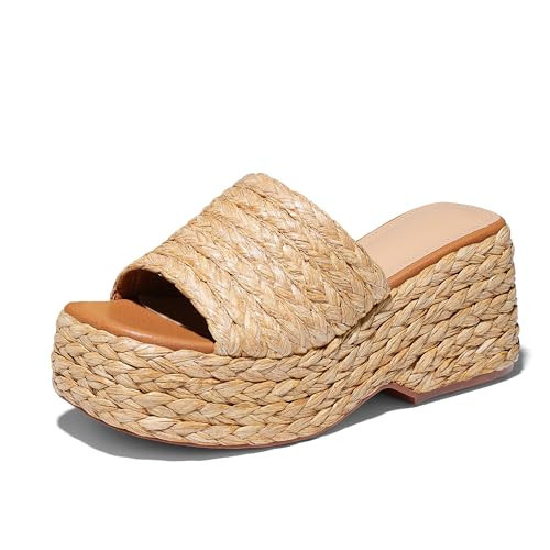 Ancomafio Platform Espadrille Sandals for Women，Raffia Sandals Platform Slip on Wedges Slides Bohemia Sandals Flatform Open Toe Beach Sandals Outdoor Size 8 Brown | Amazon (US)