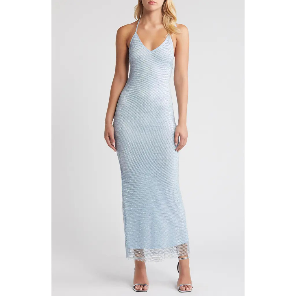 Rare London Diamante Mesh Halter Neck Gown in Light Blue at Nordstrom, Size X-Large | Nordstrom