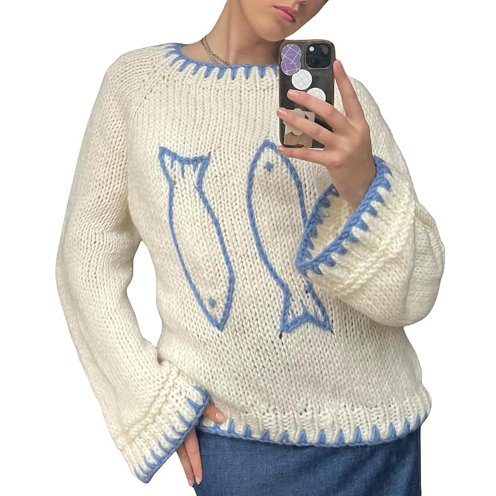 Women's Knit Sweater Y2K Fish Print Pullover Sweater Top Cute Graphic Long Sleeve Crochet Top Vin... | Amazon (CA)