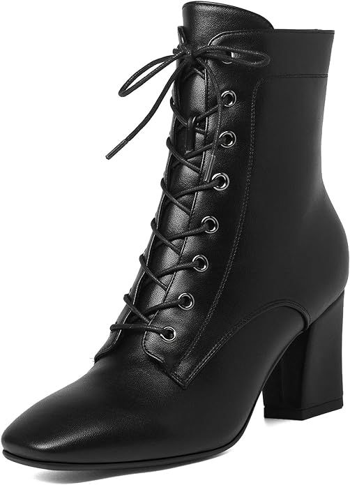 SEIFIN Women's Square Toe Chunky Heels Ankle Boots Block High Heeled Lace Up Short Booties Shoes | Amazon (US)