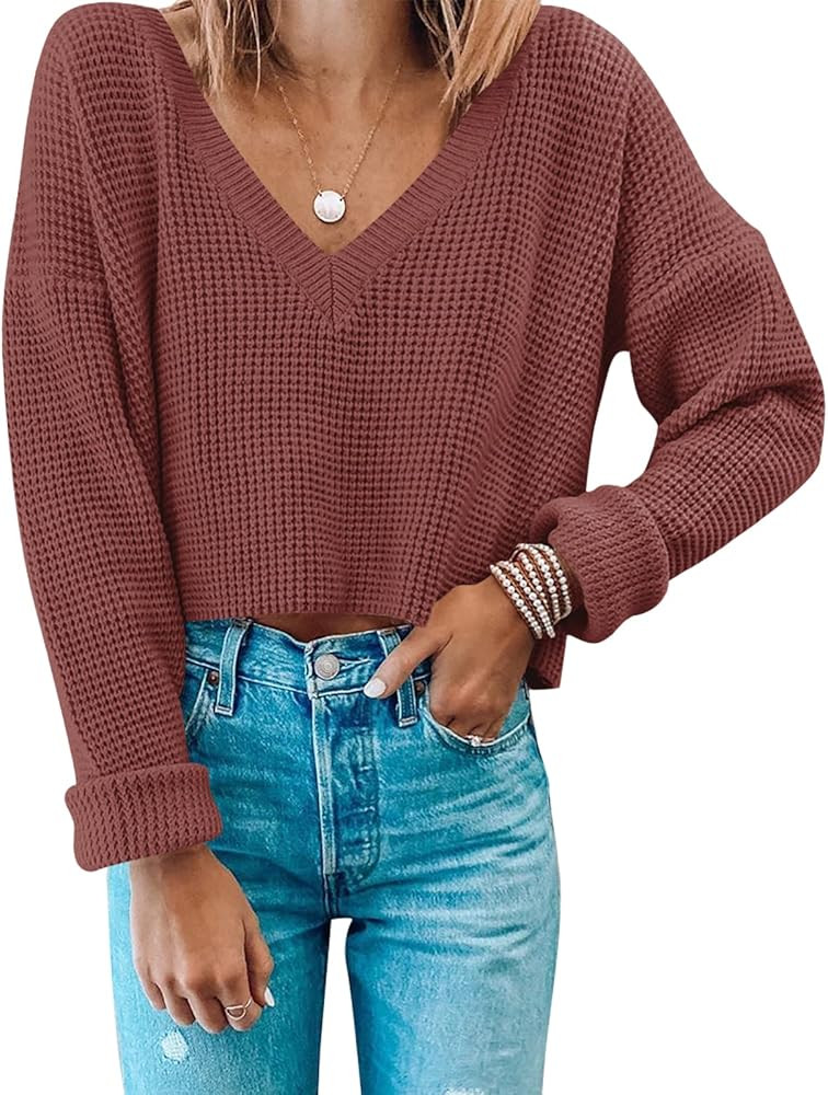 MIROL Women's Waffle Knit Cropped Top V Neck Long Sleeve Pullover Sweater Casual Solid Crop Sweat... | Amazon (US)