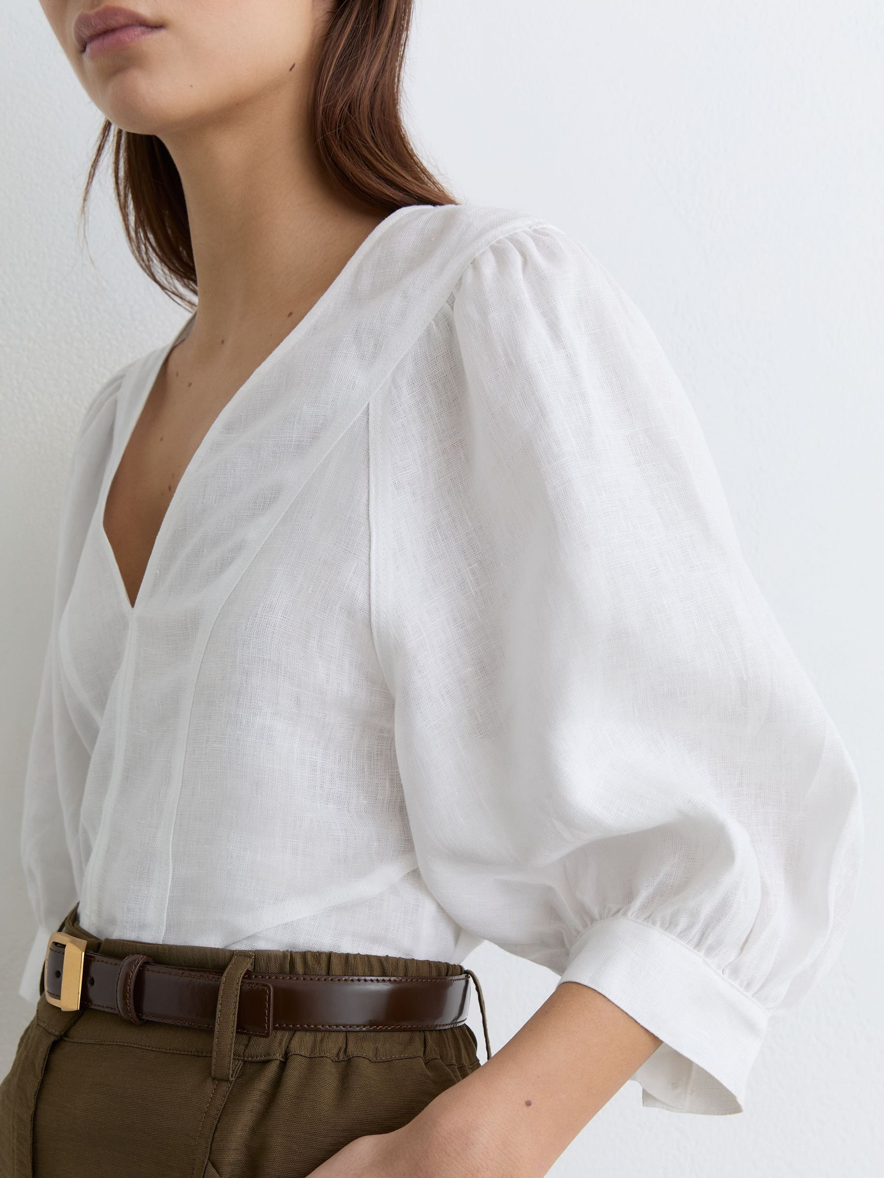 Linen Balloon-Sleeve Top in Ivory | Reiss UK