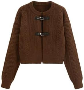 CIDER Cardigan Sweater for Women Round Neck Buckle Sweater Knitted Crop Top Long Sleeve Open Fron... | Amazon (US)