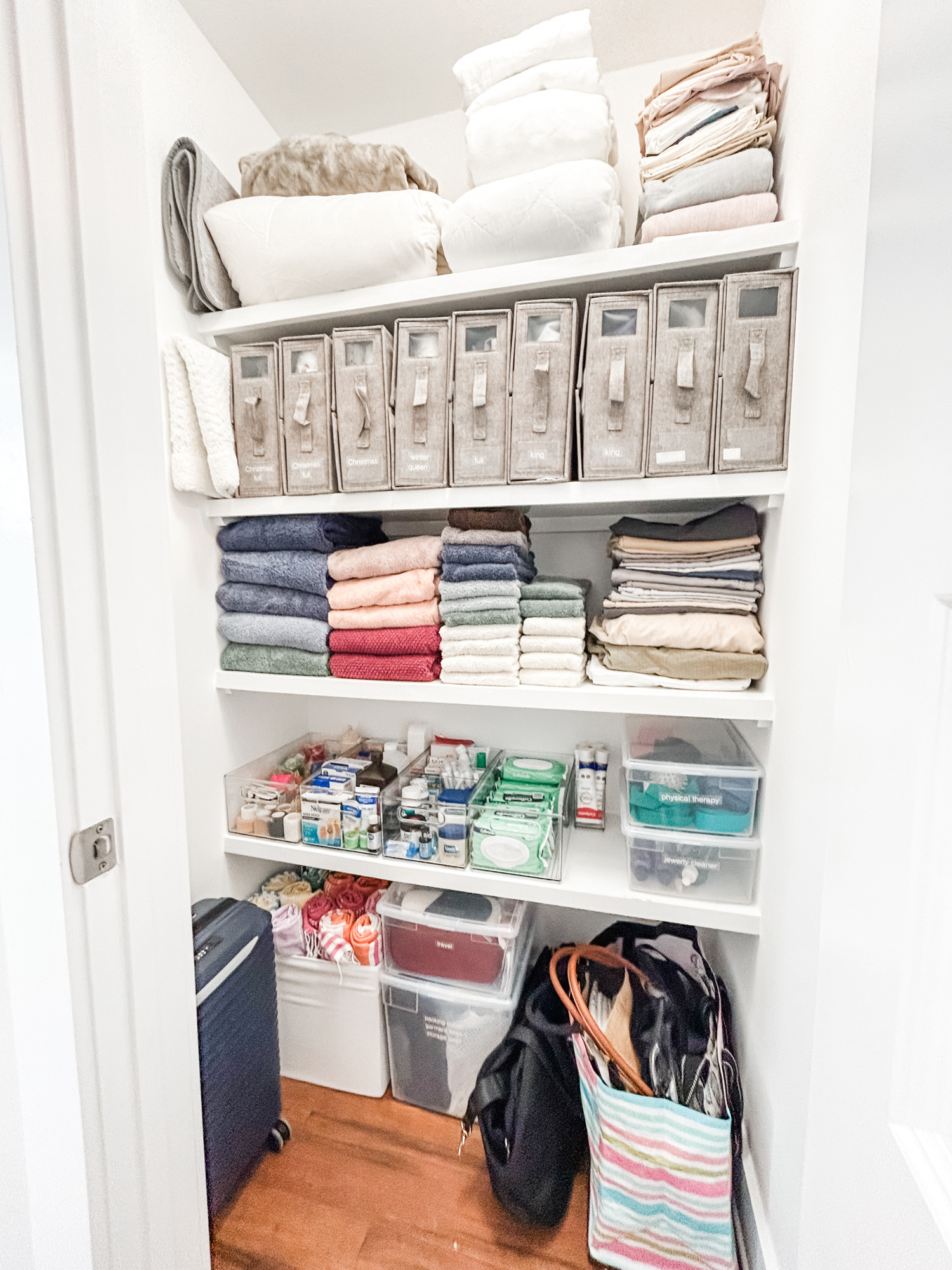Talk about making the most of a linen closet! Clear zones, tidy items, and just the right organizing products make this space super functional. Plus these sheet organizers are in the top ten list of our must-have products. They elevate any linen closet and make organizing a breeze! 

 