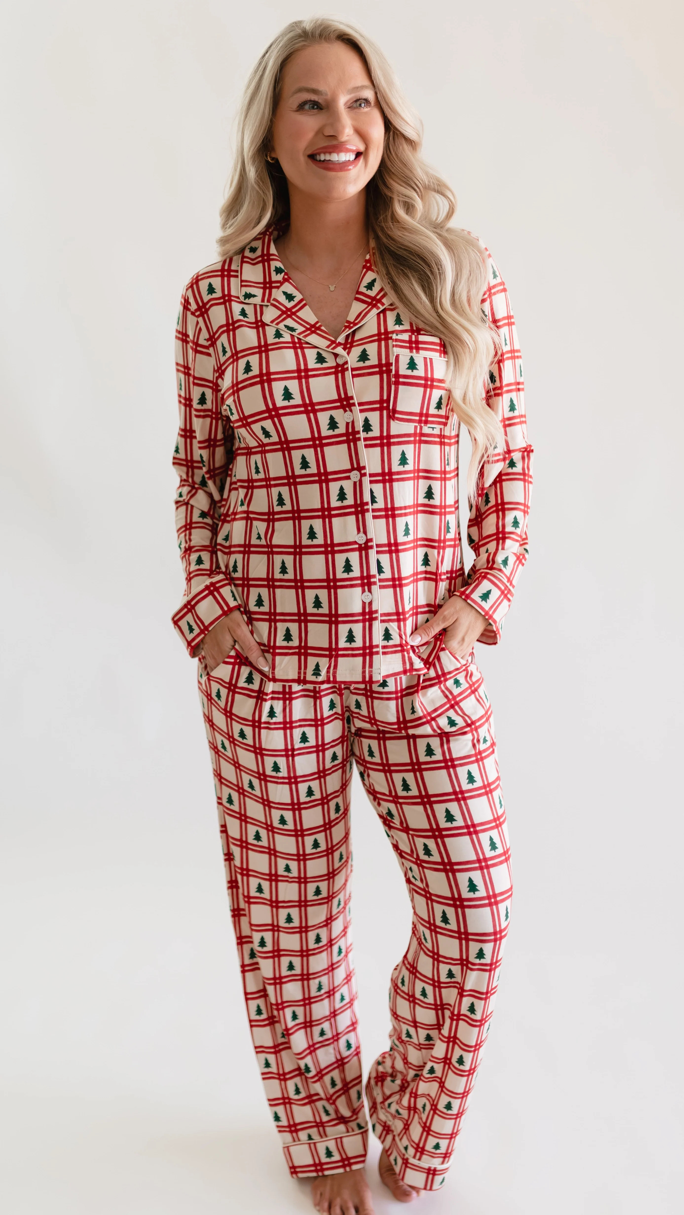 Women's Button Up Set In Christmas Plaid | Silks Design