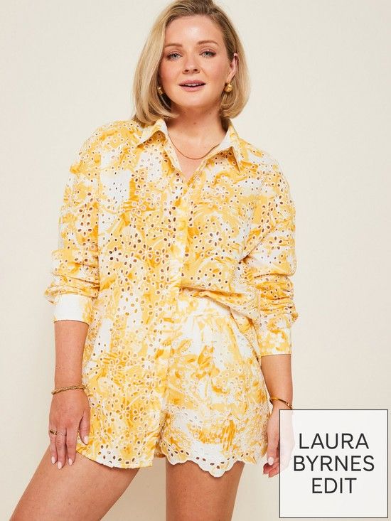 X Laura Byrnes Printed Broidery Cotton Shirt Co Ord - Yellow | Very (UK)