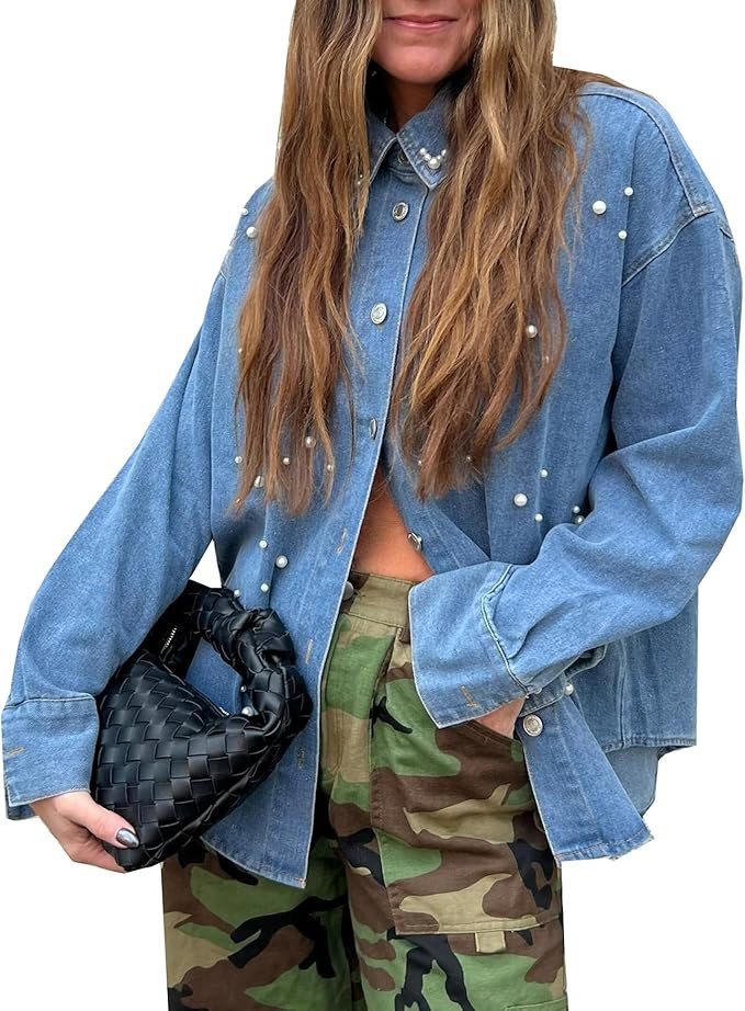 Women's Oversized Denim Shirt Button Down Pearls Jean Jacket Long Sleeve Rhinestone Shacket Casua... | Amazon (US)