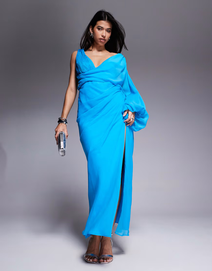 ASOS DESIGN asymmetric drape overlay maxi dress with blouson sleeve in blue | ASOS (Global)