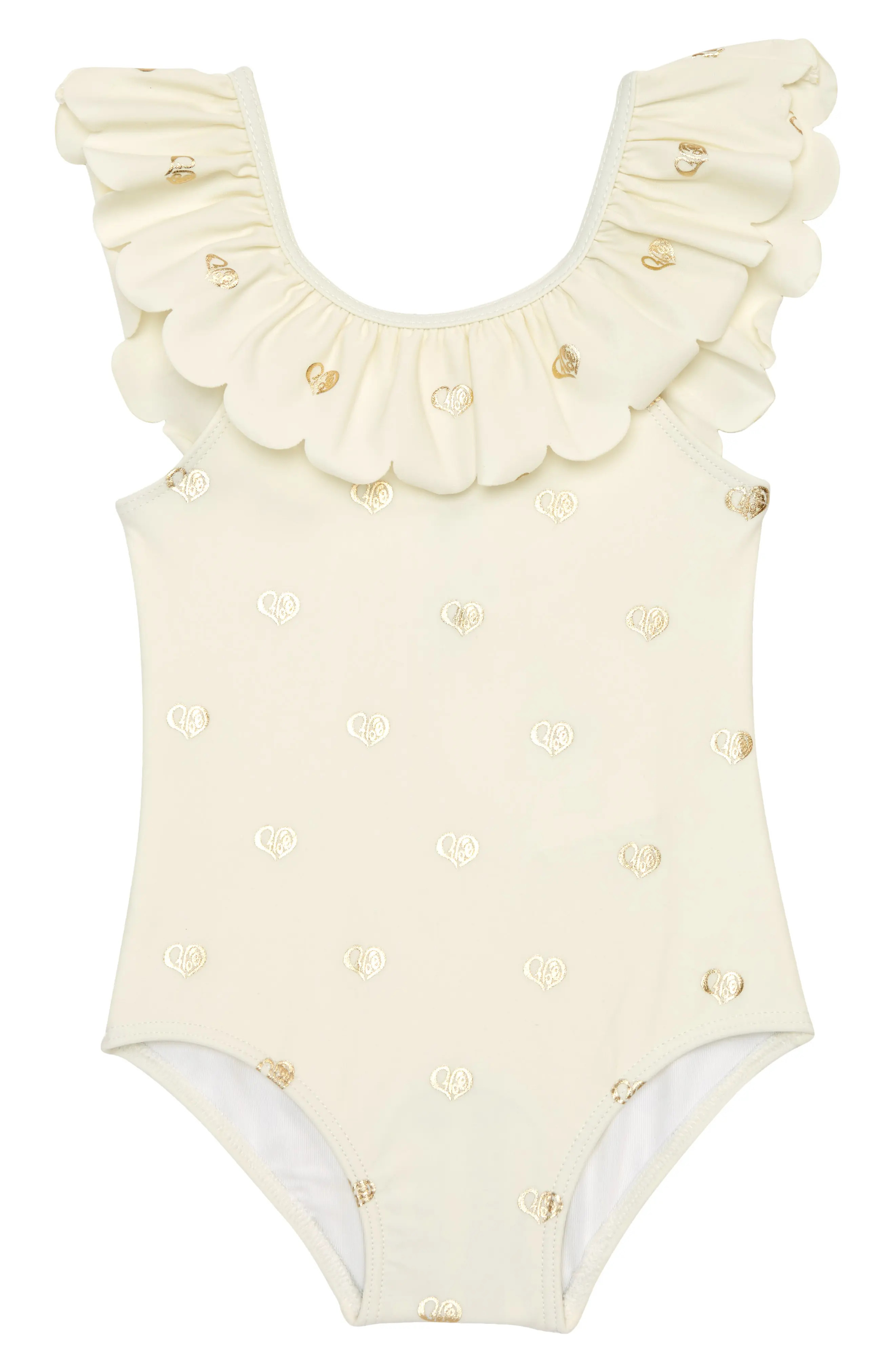 Chloe Kids' Heart Logo Ruffle Detail One-Piece Swimsuit in Off White at Nordstrom, Size 2Y | Nordstrom