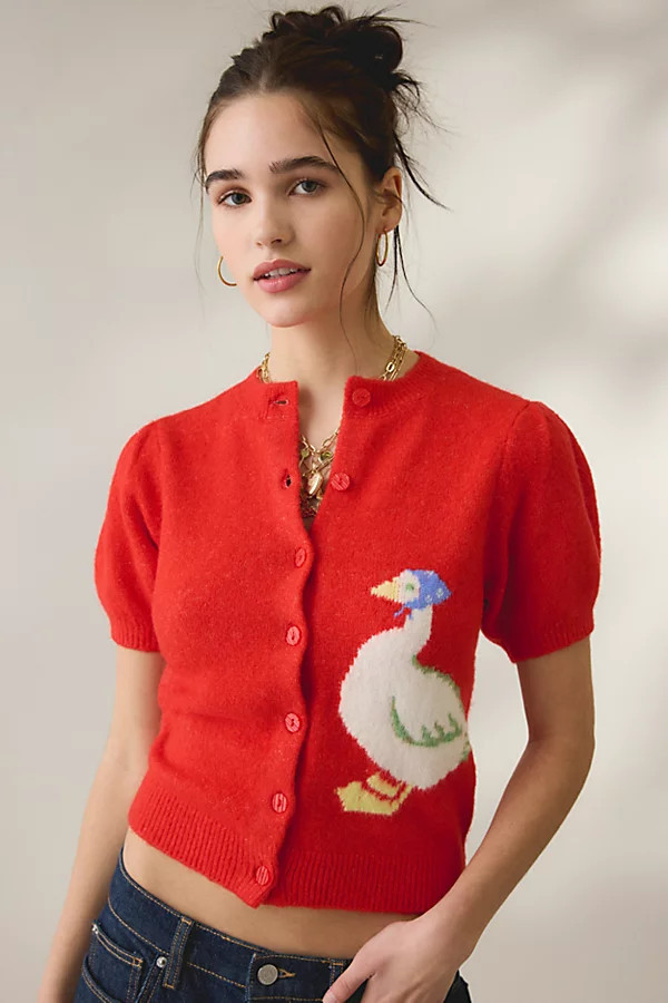 Kimchi Blue Kate Goose Motif Puff Short Sleeve Cardigan in Red, Women's at Urban Outfitters | Urban Outfitters (US and RoW)