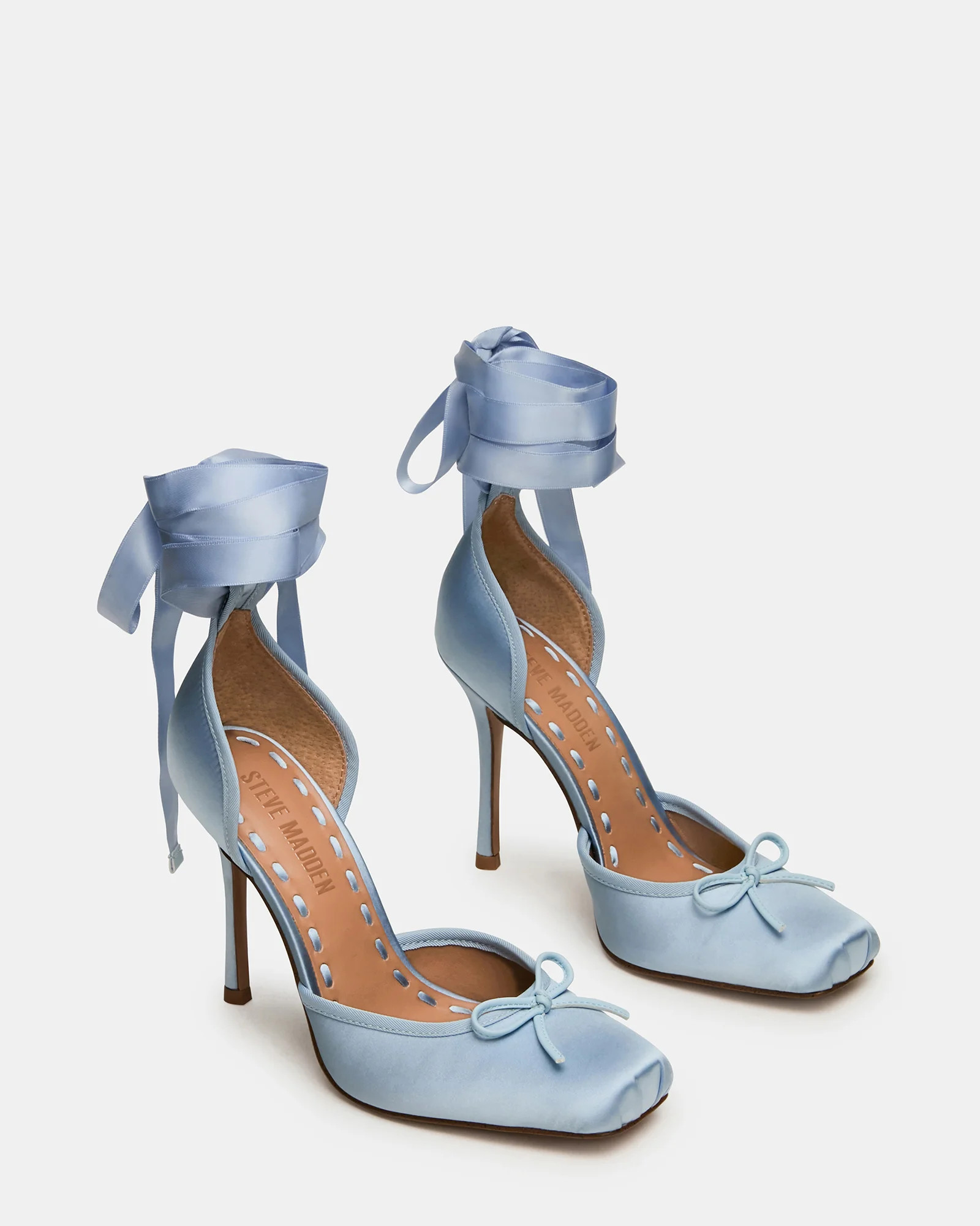 LARINA Blue Satin Square-Toe Stiletto Pump Lace-Up Women's Heel | Steve Madden (US)