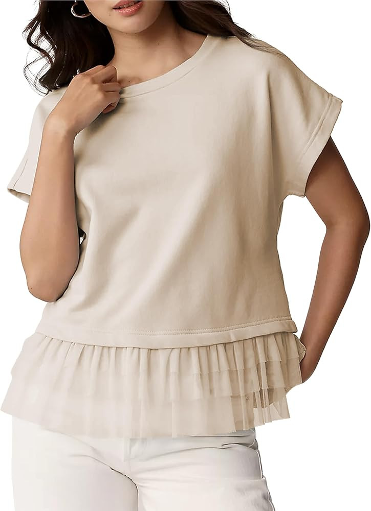 Womens Short Sleeve Shirts Lace Hem Casual Summer Tops Loose Fit Cute Daily Outfits | Amazon (US)