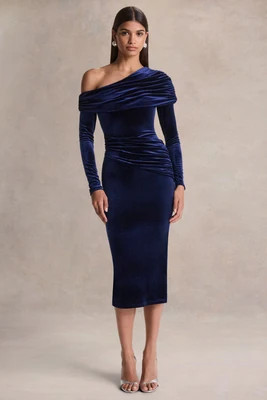 Eirene | Blue Velvet Asymmetric-Neck Midi Dress | Club L London