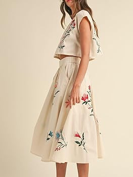 Women Floral Embroidery Dress Sleeveless 2 Piece Tank Top and Skirt Loose Fit Boho Dress | Amazon (US)