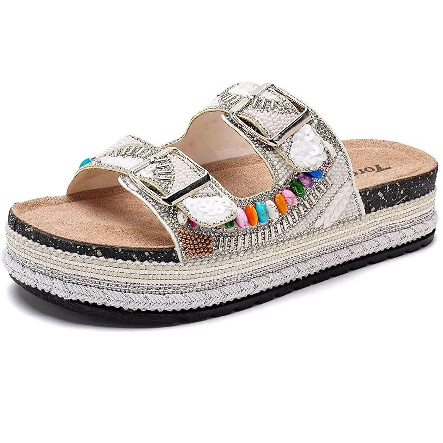 Torotto Womens Slides with Cork Footbed Open Toe Adjustable Webbing Flat Sandals for Walking | Be... | Amazon (US)