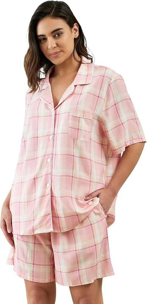 Womens Viscose Shorts Pajamas Set Button Down 2 Piece Pjs Short Sleeve Oversized Sleepwear with P... | Amazon (US)