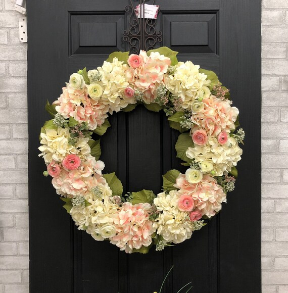 Hydrangea Wreath, Large Spring Wreath for Front Door, Pink and Off-White Hydrangeas, Ranunculus a... | Etsy (US)