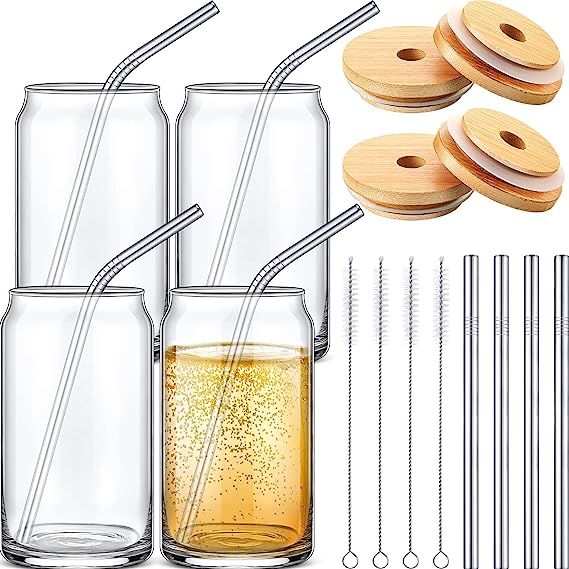 16 oz Drinking Glasses with Bamboo Lids Straw and Cleaning Brush Set 4 Can Shaped Glass Iced Coff... | Amazon (US)