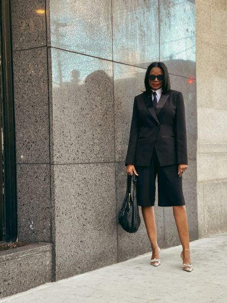 Black tuxedo blazer with culottes; collar under shirt with black tie and sling back sandals 