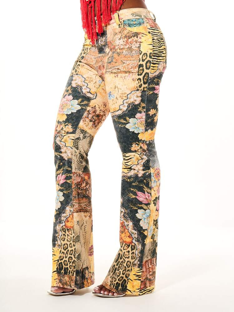 SUMWON WOMEN Vintage Collage Print Slim Flare Jeans Mixed Animal Floral Patchwork Denim High Rise... | SHEIN