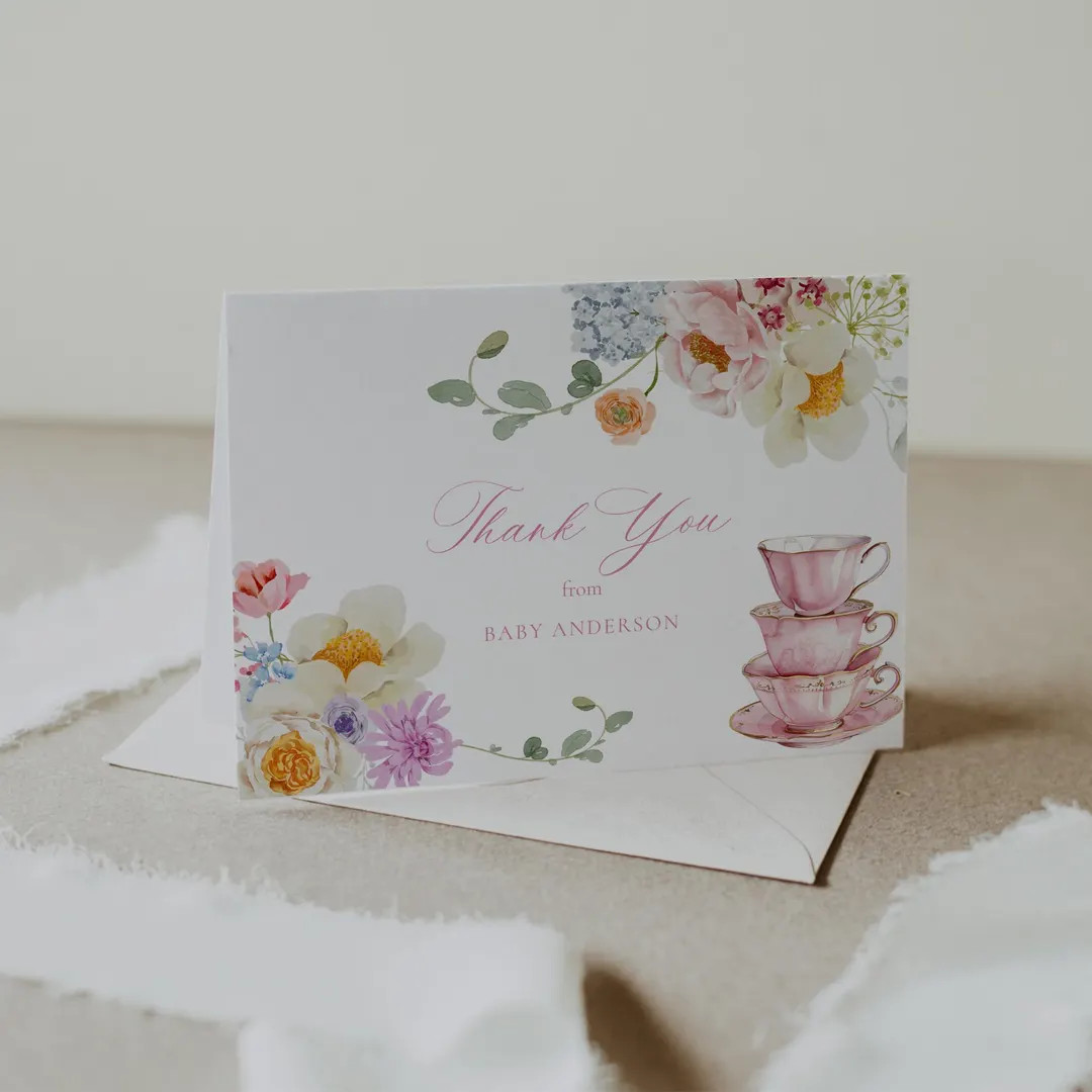 Wildflower Tea Party Baby Shower Thank You Card (digital Download) - Etsy | Etsy (US)