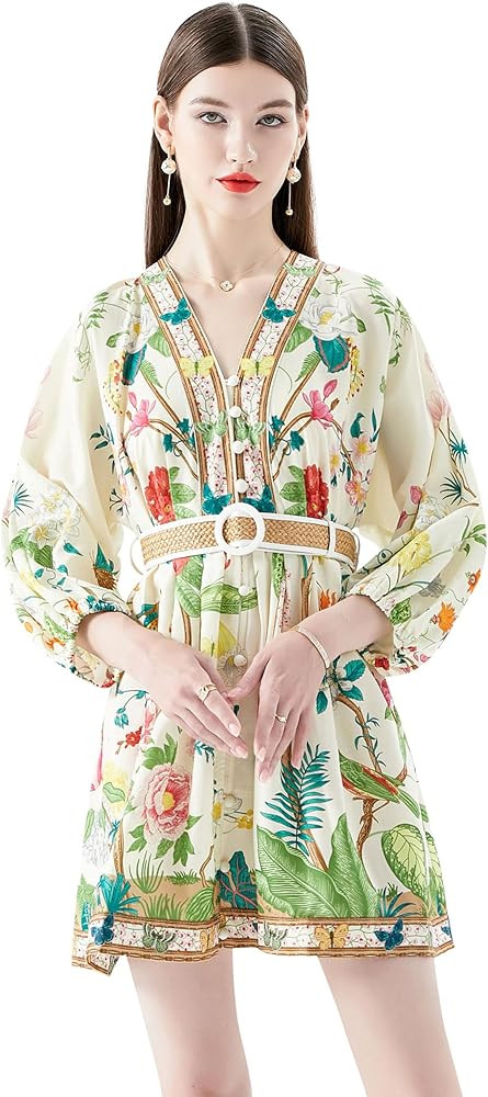 LAI MENG FIVE CATS Women's V-Neck Floral Print Lantern Sleeve Button up Belt Dress Casual Mini Dr... | Amazon (US)