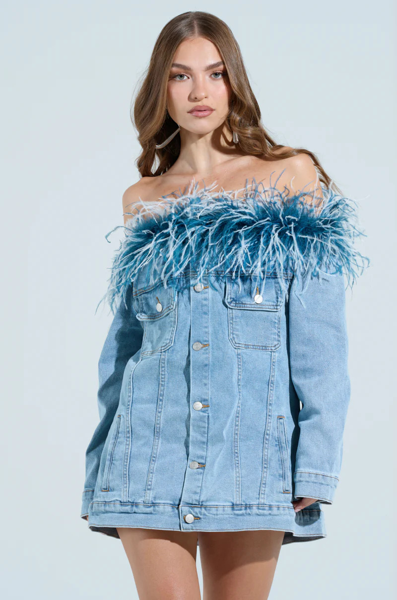CHIC AF DENIM MINI DRESS WITH FEATHERS | AKIRA