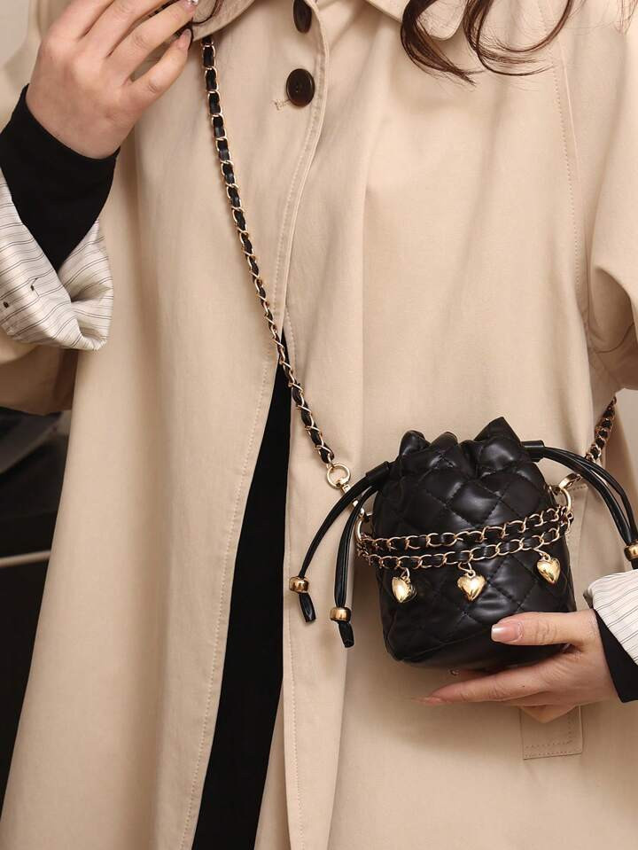 Mini Casual Chain Bucket Bag With Embroidered Diamond Pattern Or Check Pattern, Drawstring Closur... | SHEIN