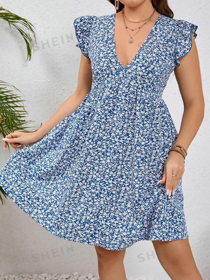 SHEIN Frenchy Plus Size Vacation Small Floral Print Ruffle Hem V-Neck Dress | SHEIN