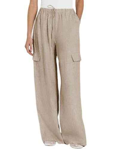 Xiaoxuemeng Womens Cotton Linen Wide Leg Pants Casual Elastic Waisted Cargo Pants with Pockets | Amazon (US)