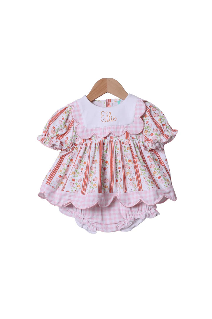 Fancy Pumpkin Pink Gingham Scalloped Bloomer Set | The Smocked Flamingo