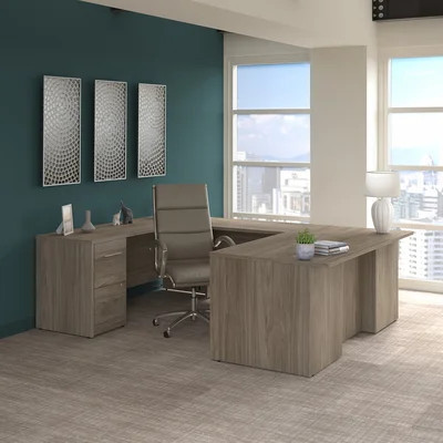 Office 500 72W U Shaped Executive Desk With Drawers And High Back Chair Set In Sand Oak | Wayfair North America