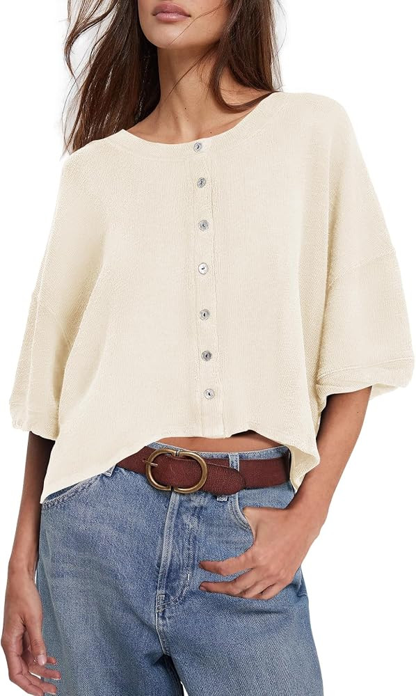 Yanekop Womens Cropped Cardigan Short Sleeve Cardigan Button Up Lightweight Cardigans Oversized B... | Amazon (US)