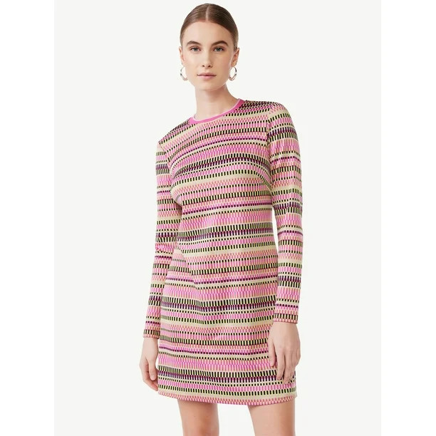 Scoop Women's Crewneck Jacquard Short Dress with Long Sleeves, Sizes XS-XXL - Walmart.com | Walmart (US)