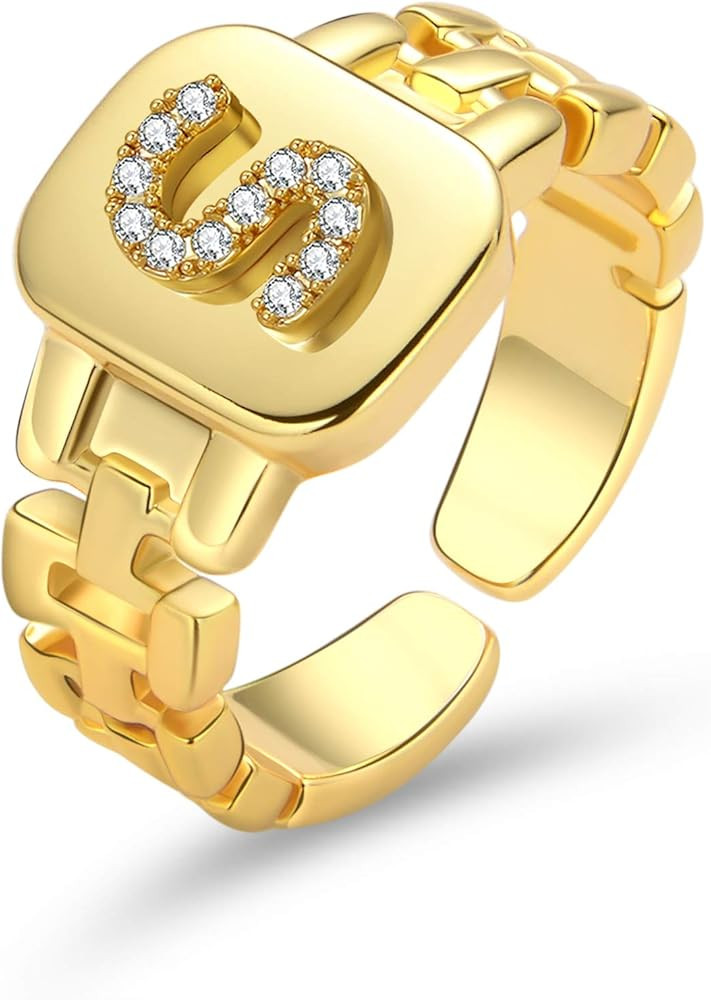 Senteria Chunky Initial Rings for Women Trendy 18K Gold Plated Letter Rings Statement Open Adjustabl | Amazon (US)