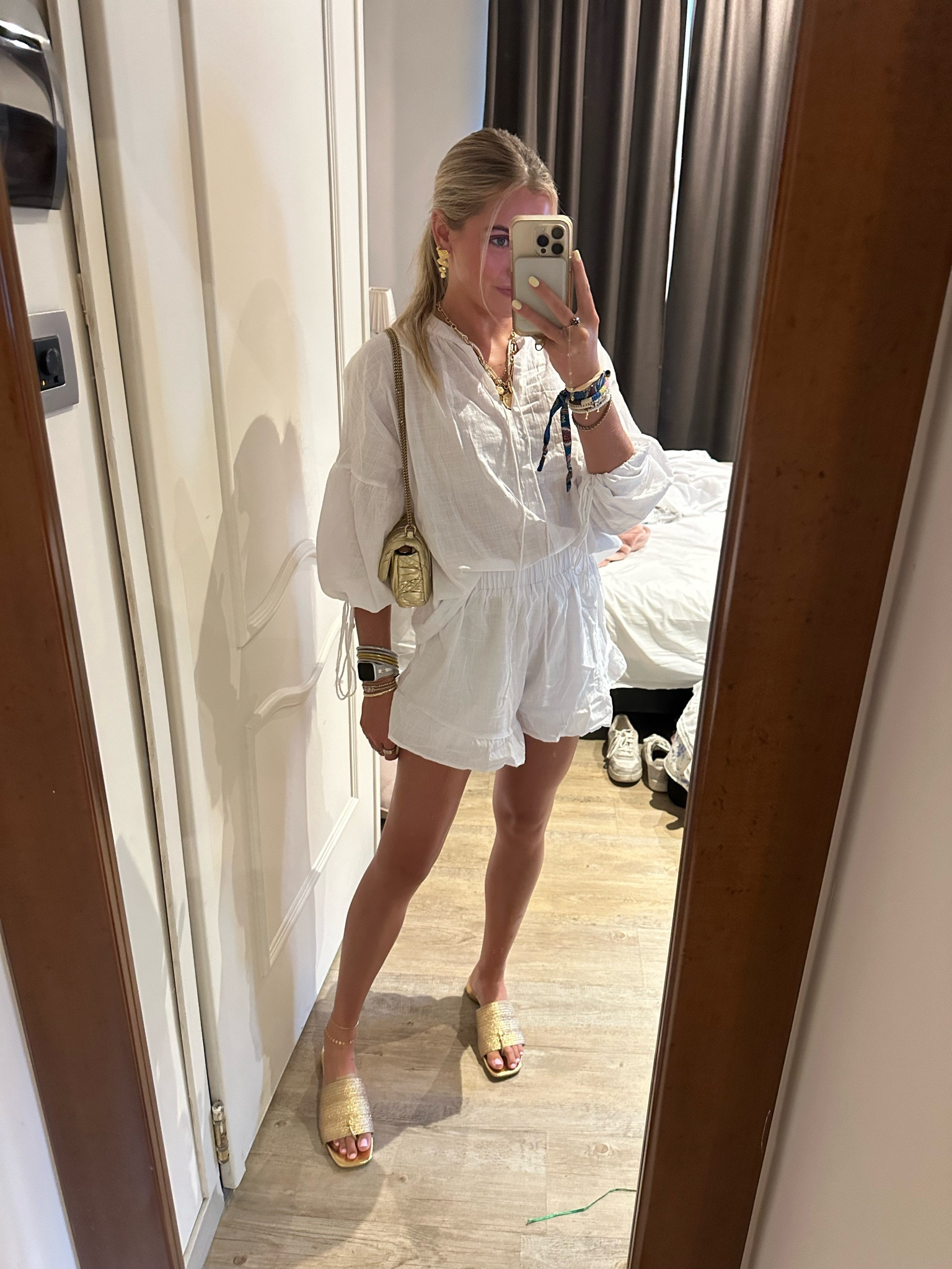 Women Linen Set Puff Long Sleeve V Neck Front Tie Shirt & Ruffle Boxer Shorts Set 2 Piece Lounge Sets Y2K Tracksuit. Franco Sarto sandals. Gold Tory Burch bag. Jewelry. European summer. Europe. Italy. Rapolo Italy. Portifino Italy. White linen matching set. Matching set  

#LTKItBag #LTKShoeCrush #LTKTravel
