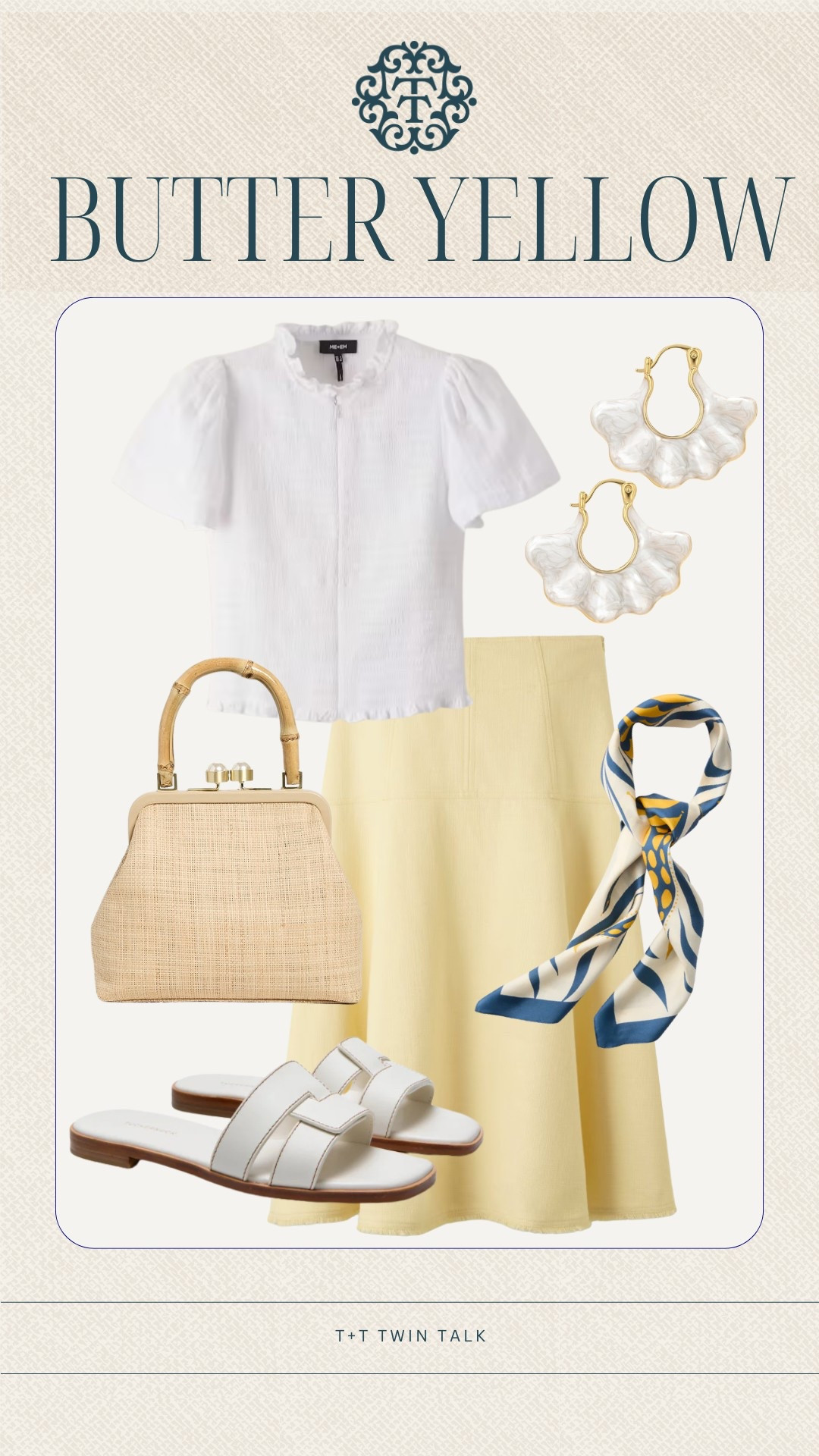 Some spring outfit inspo incorporating the trendiest color! A butter yellow skirt paired with a white top and silk scarf!

#LTKStyleTip #LTKMidsize #LTKOver40